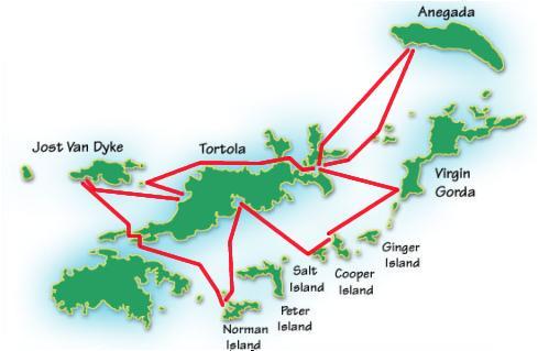 Map of the British Virgin Islands with alternate itinerary