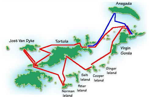 Map of the British Virgin Islands with itinerary