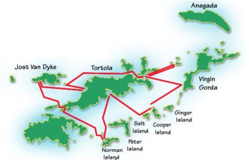 Map of the British Virgin Islands with itinerary